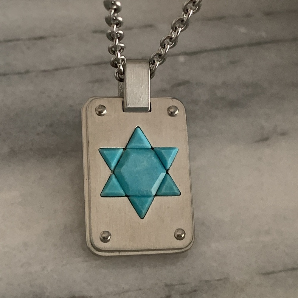 Turquoise and Stainless Steel Star of David Dog Tag On 24” Chain